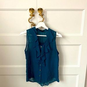 Sheer (mine brand) ruffled jeweled tone aqua blouse with gold buttons.